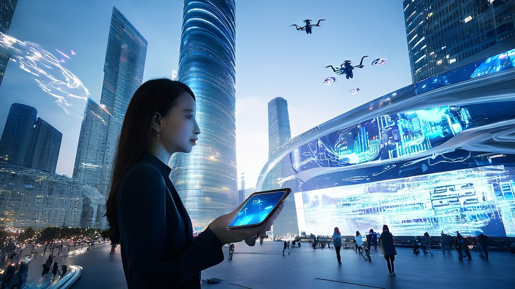 Young entrepreneur using AI acquisition system to optimize cross-border e-commerce marketing in a futuristic city