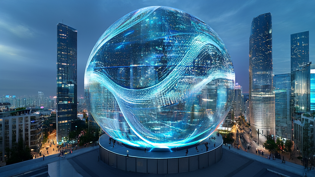 A futuristic city showcasing an AI acquisition system, with people interacting via touchscreens and data streams swirling like nebulae.