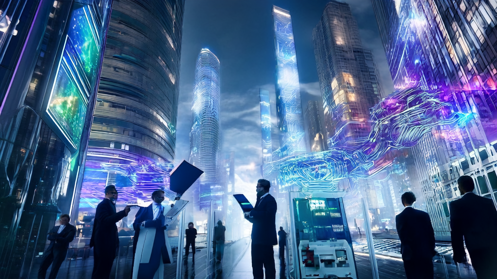 未来城市中智能机器人与商人讨论AI获客方案