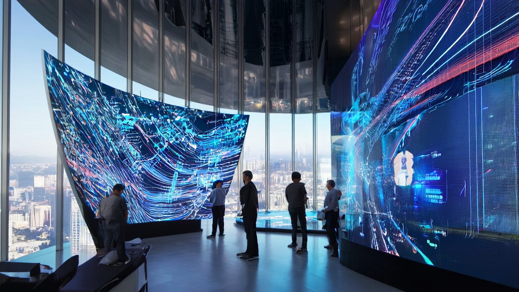 Tech company lobby in a futuristic city showcasing real-time data streams and competition of AI acquisition systems