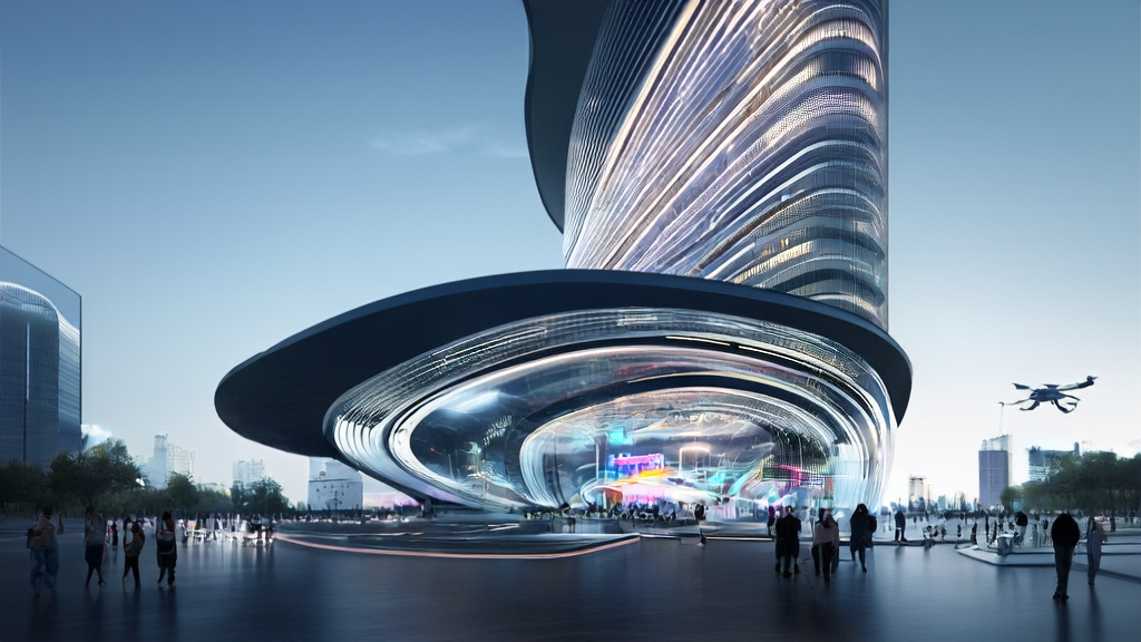 A high-tech skyscraper in a futuristic city showcases the latest AI customer acquisition technologies, such as the CherryIN platform, self-driving cars, and drone delivery systems.