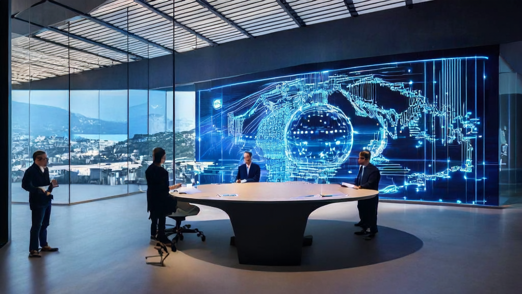 In a sunny future city, a high-tech company analyzes manufacturing customs data using AI systems. The team discusses potential customer mining while an image of Apple's Vietnamese factory hangs on the background wall.