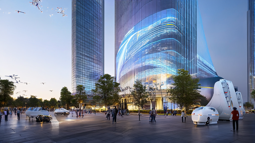 未来城市的AI获客新趋势展示，智能机器人和无人机象征高效营销和物流系统