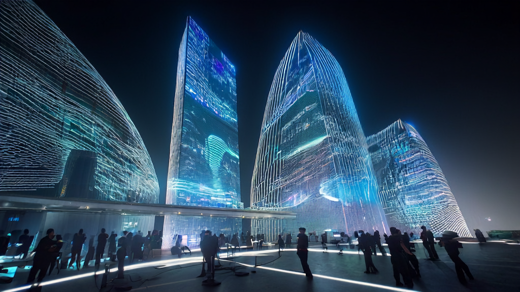 未来城市中的AI获客新趋势，展示科技感十足的现代化控制室和全球市场数据分析