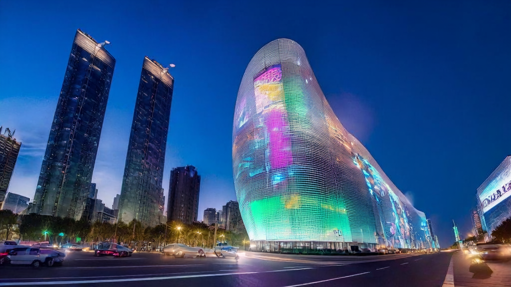 未来城市中的独立站办公室,展示AI关键词优化和Seed 3D 1.0生成的3D模型