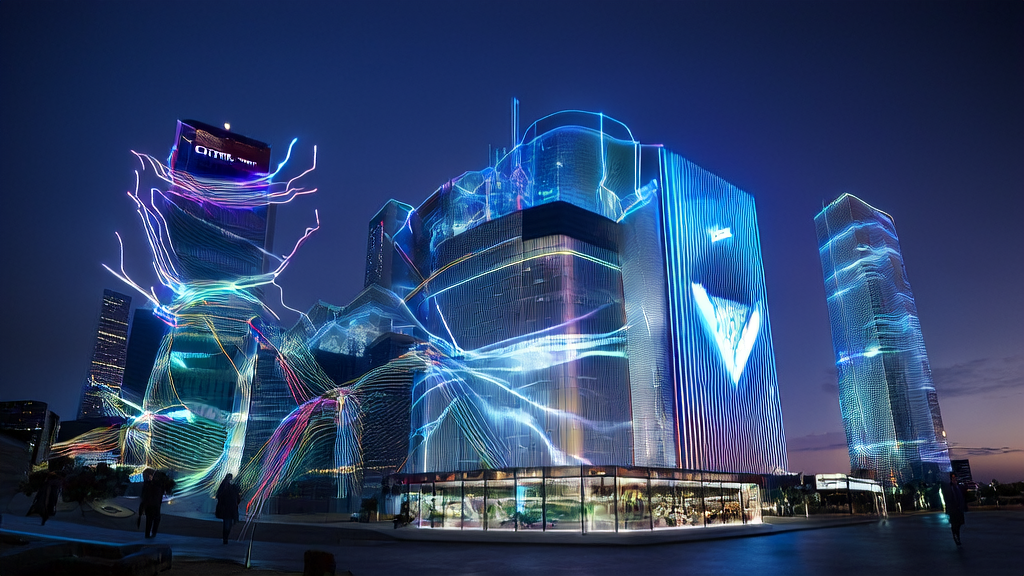 Scene showcasing AI acquisition trends and ad targeting optimization in a futuristic city