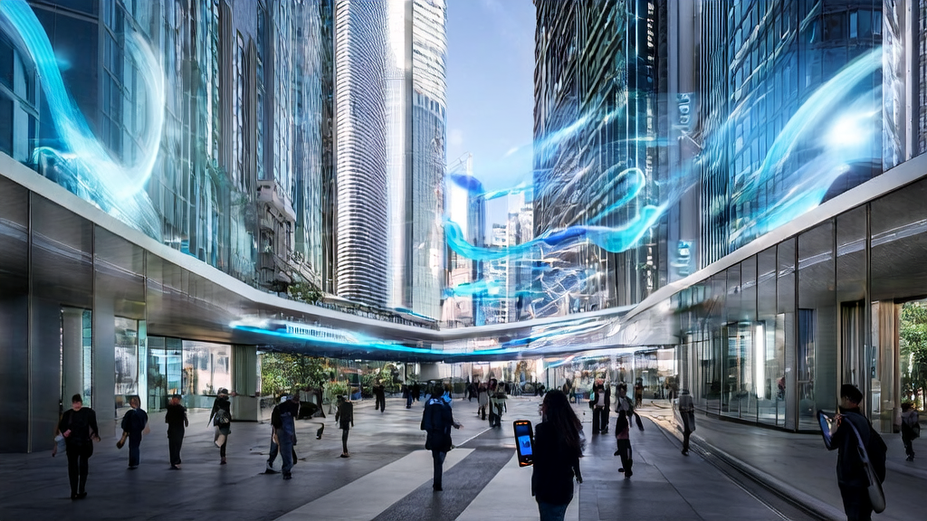 未来城市中,独立站借助AI技术实现搜索引擎流量暴增,Comfy Cloud公测广告吸引路人驻足。