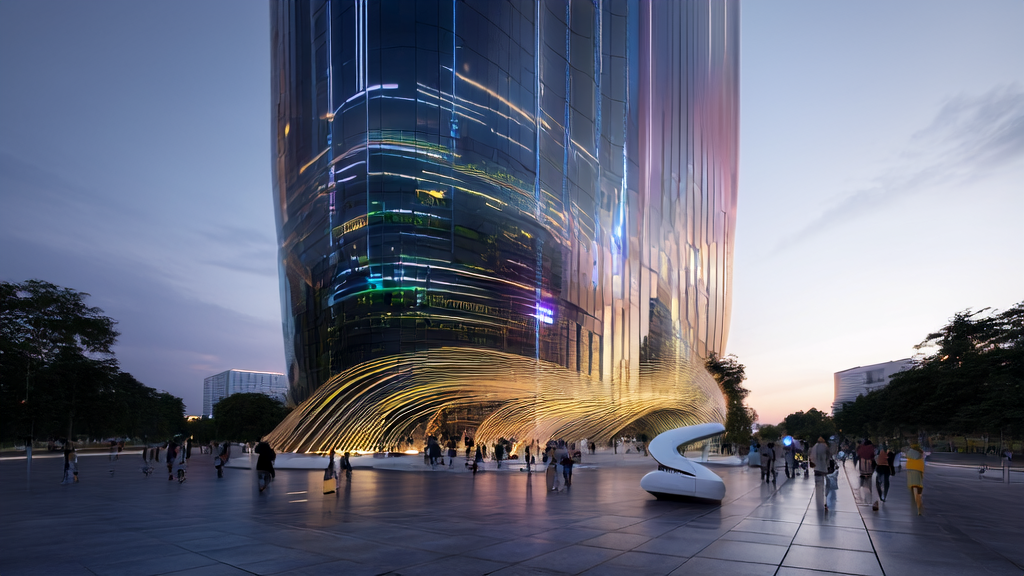 未来城市的高科技大厦前，智能机器人引导人群，广场中央有巨大的数据流雕塑，象征信息时代的脉动。