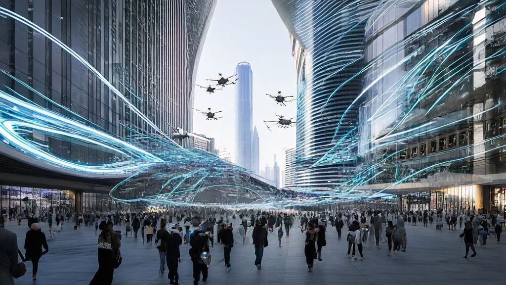 Future city showcasing AI technology in cross-border e-commerce, highlighting new AI acquisition trends