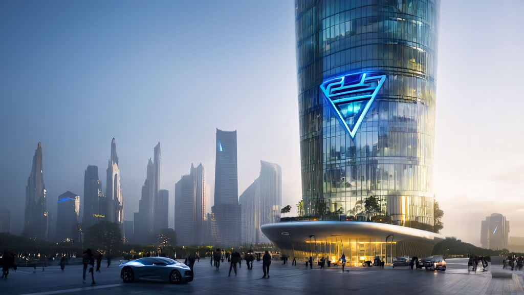 未来城市的高科技公司大楼,展示AI获客新趋势和AI客户预测模型的应用