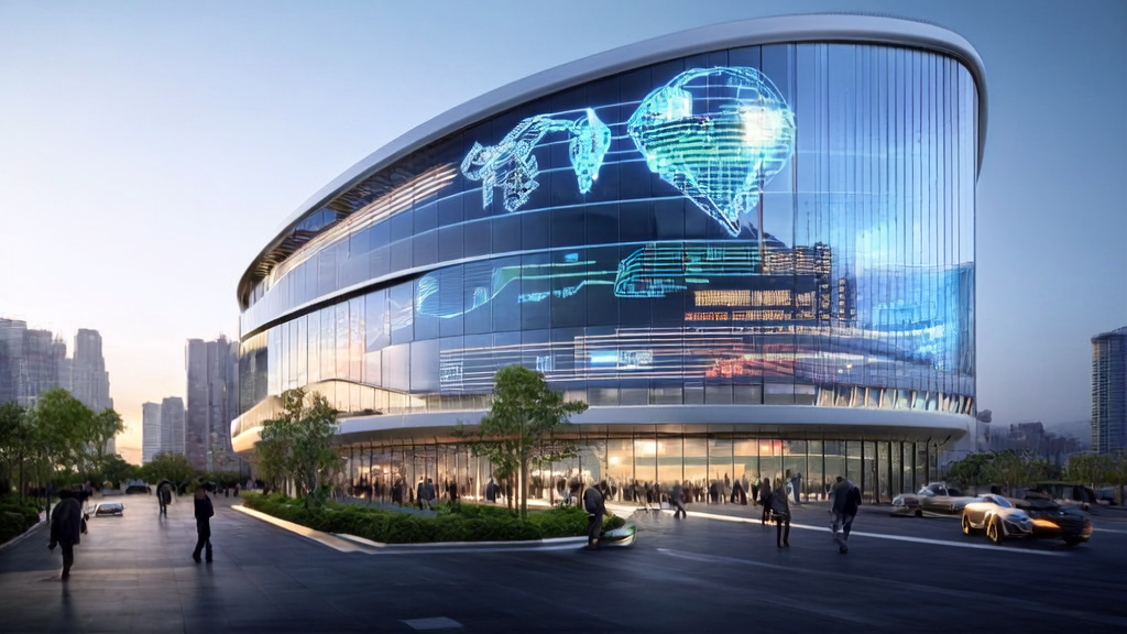 Entrepreneurs in a futuristic city discussing AI acquisition trends and multilingual content generation strategies