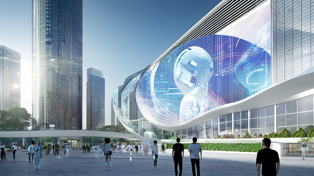 A tech company in a futuristic city utilizing AI for efficient customer acquisition