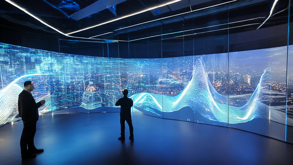 A high-tech company in a futuristic city showcasing the latest AI customer acquisition system with Middle East customer growth data in the background