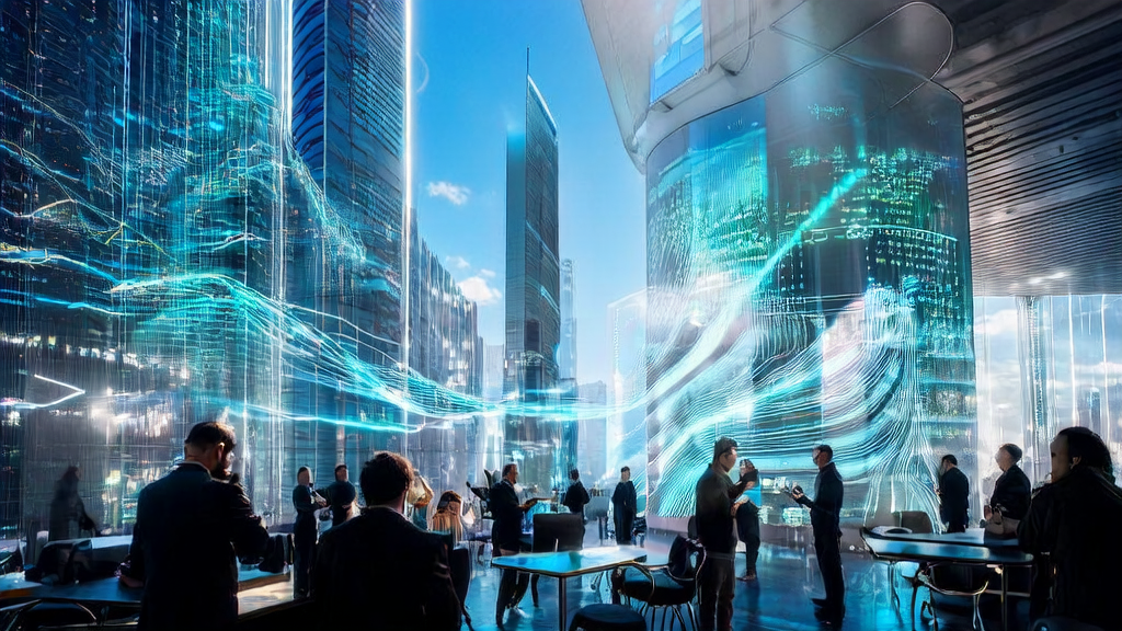 Business center of a future city showcasing new AI acquisition trends and technology applications