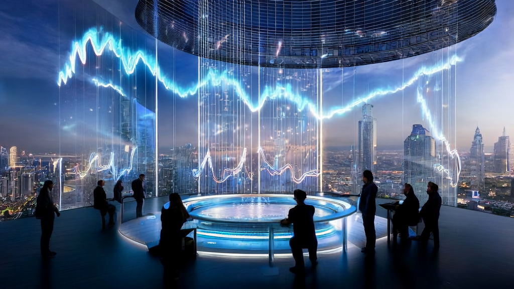 A futuristic cityscape where an independent station company uses AI technology for keyword optimization and data analysis