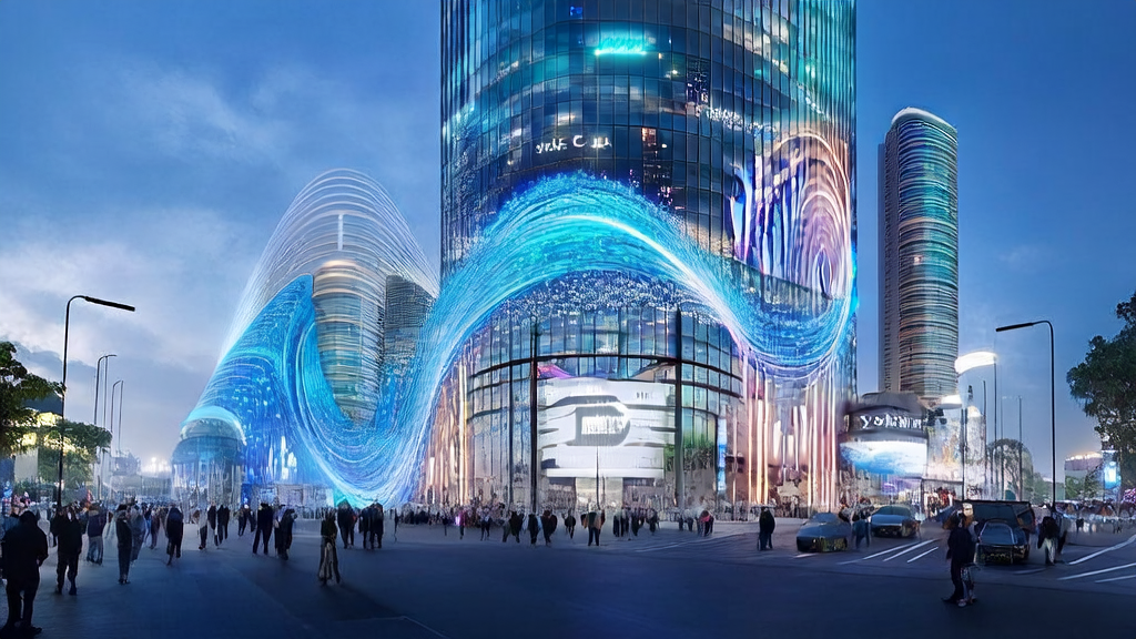 Billboard showcasing AI precision acquisition trends in a futuristic city