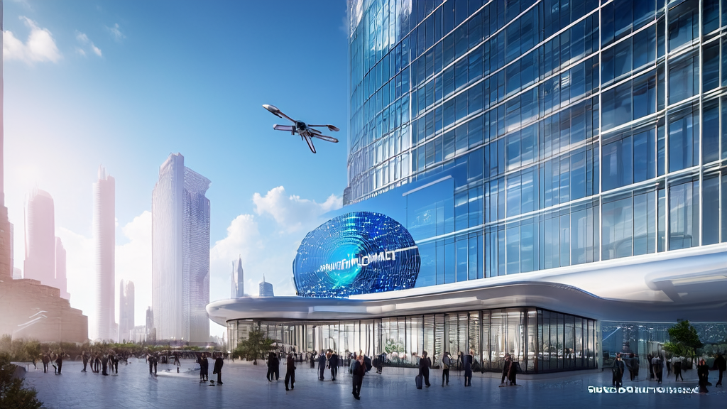 An office of AI acquisition experts in a futuristic city, showcasing a modern and innovative atmosphere