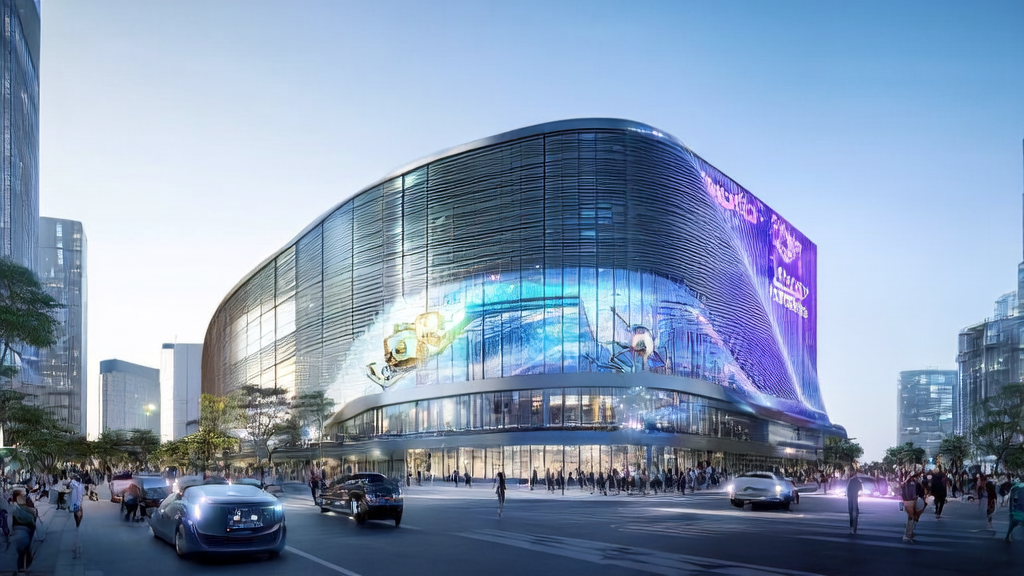 Modern standalone office building in a futuristic city with a giant AI robot sculpture on the roof, showcasing the new trends in AI customer acquisition for 2025.