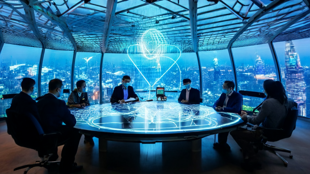 In a futuristic city, an entrepreneur showcases the AI tool Wanhxiang 2.6, drawing attention to cross-border e-commerce success stories.