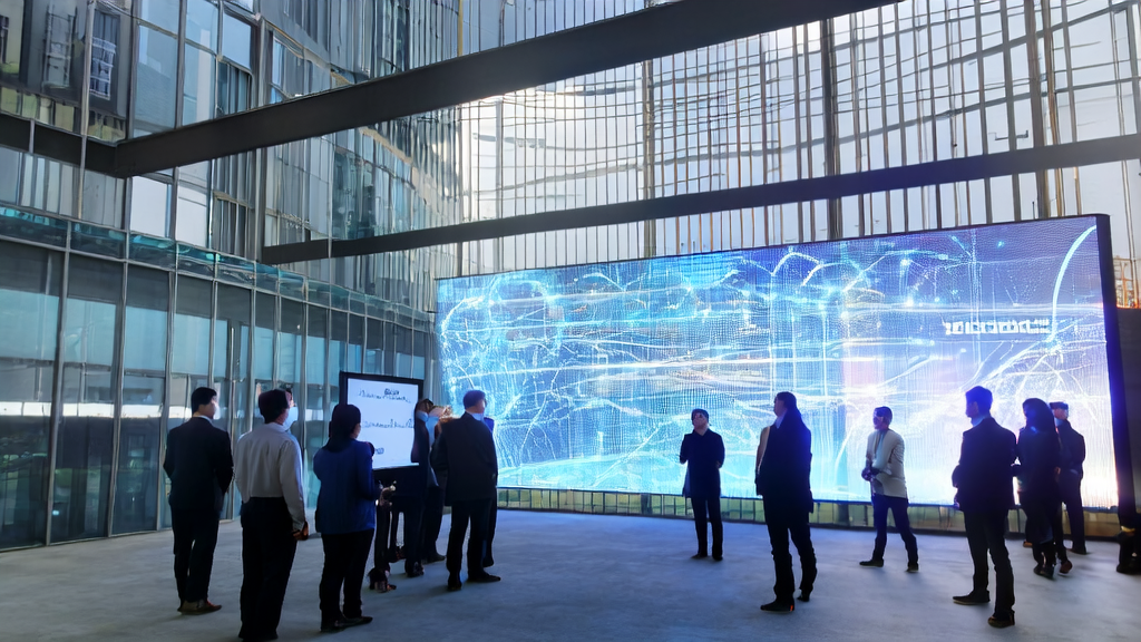 未来城市中的科技园区，人们围绕AI客户预测模型进行讨论，背景是钉钉Agent OS系统的发布。