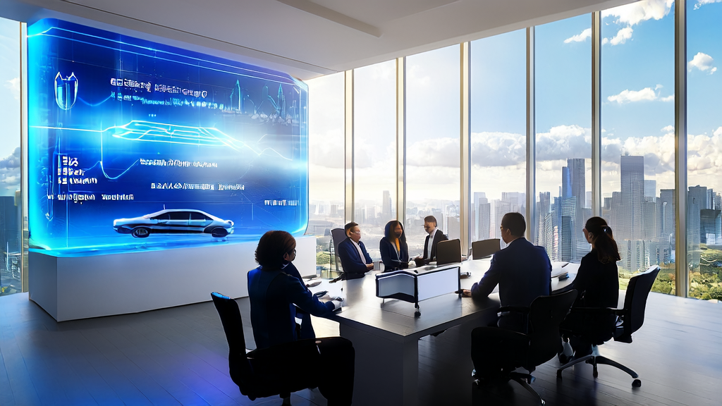 In a futuristic city's meeting room, entrepreneurs discuss the new trends of AI customer acquisition in 2025, showcasing Lenovo's Super Intelligence Device