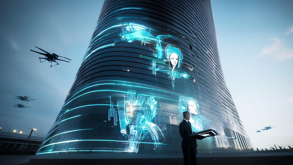 2025年未来城市的夜景，展示AI技术在获客中的应用