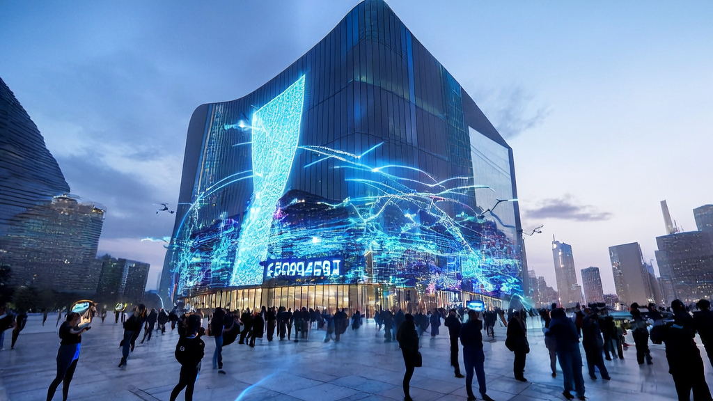 Alibaba headquarters in a futuristic city showcasing AI acquisition trends in 2025