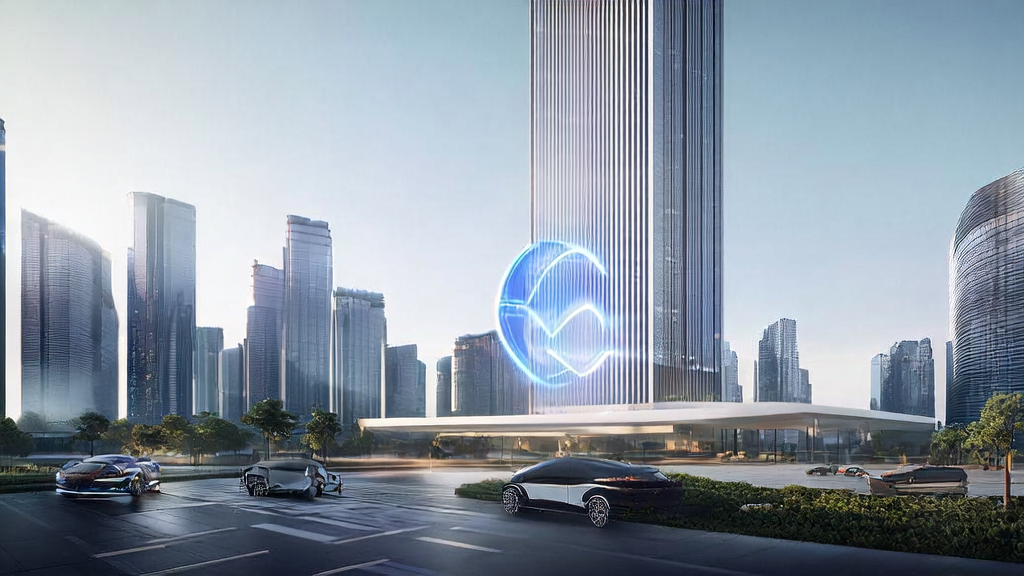 Skyscrapers and autonomous cars in a futuristic city, showcasing the impact of AI technology on future commerce