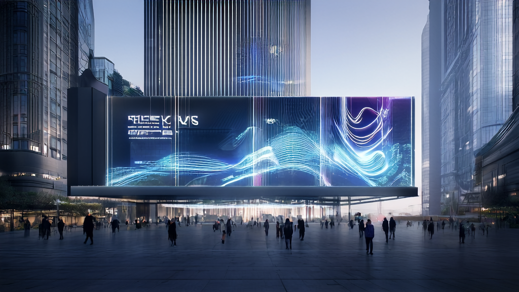 未来城市中的AI获客新趋势展示，大楼屏幕上播放着跨境电商邮件自动化工具的连贯叙事视频