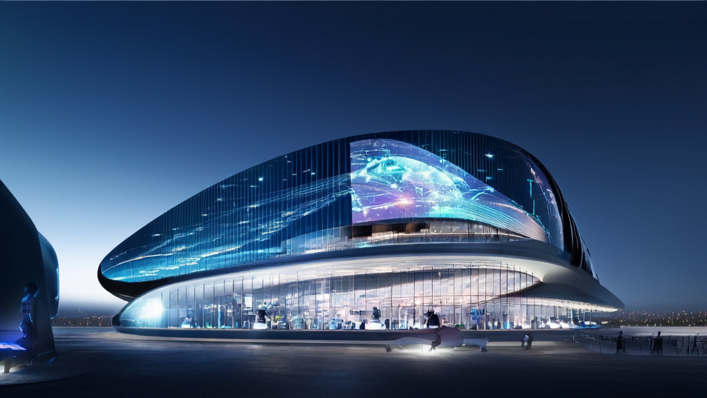 A futuristic city office building utilizing GPT-5 for efficient AI-driven customer acquisition