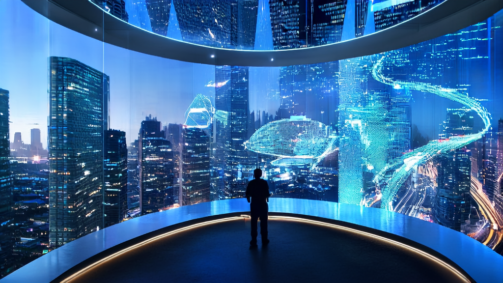 A futuristic city scene where a programmer uses MaskSearch framework to operate complex algorithms for efficient customer data cleaning.