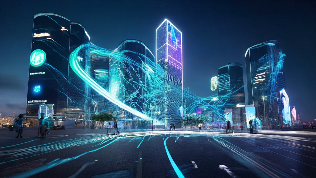 未来城市中的AI广告投放场景，展示2025年AI驱动的外贸获客新趋势