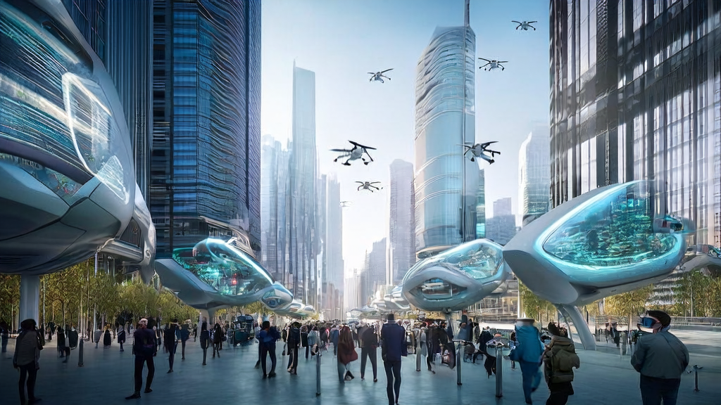 Scene of AI-optimized advertising in a futuristic city