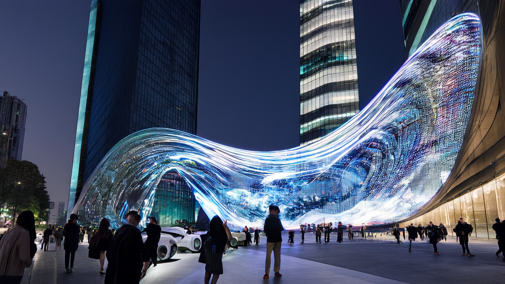 A scene of AI-driven advertising in a future city, showcasing how AI technology achieves precise marketing through big data analysis.