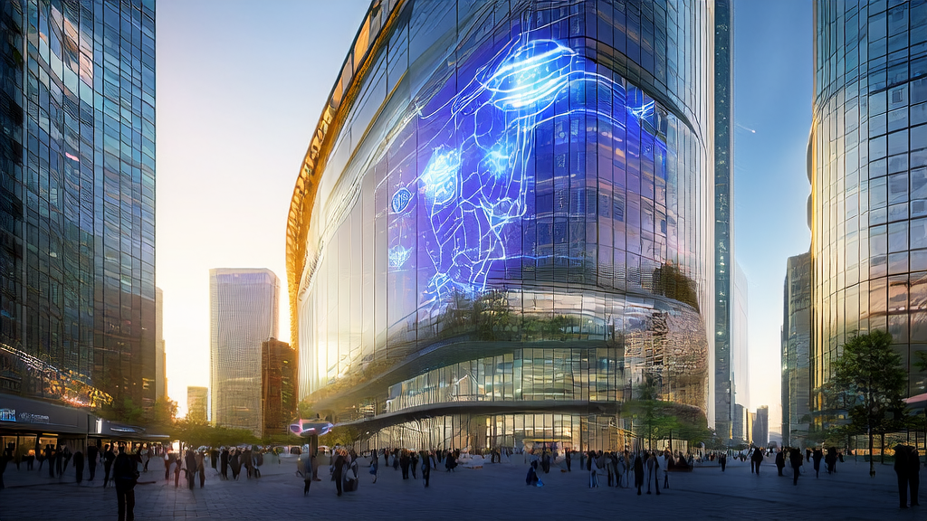 A futuristic city skyline with AI-driven advertising technology showcased in a high-rise building