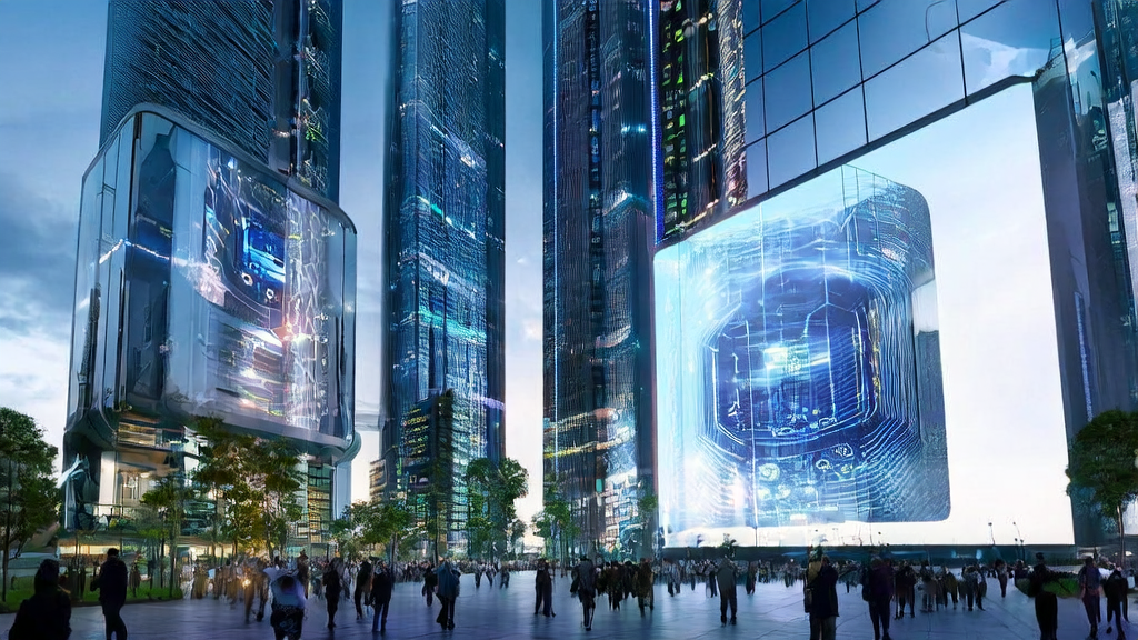 Scene of AI advertising in a future city, showcasing multimodal ad content and real-time data analysis