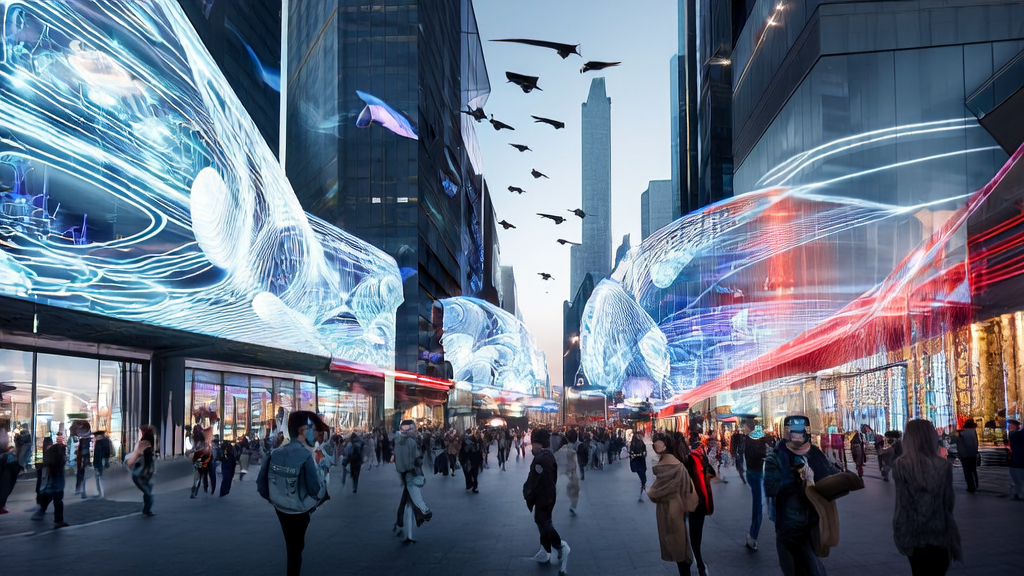 未来城市的高科技广告屏展示AI优化广告内容，行人与广告互动，充满科技感