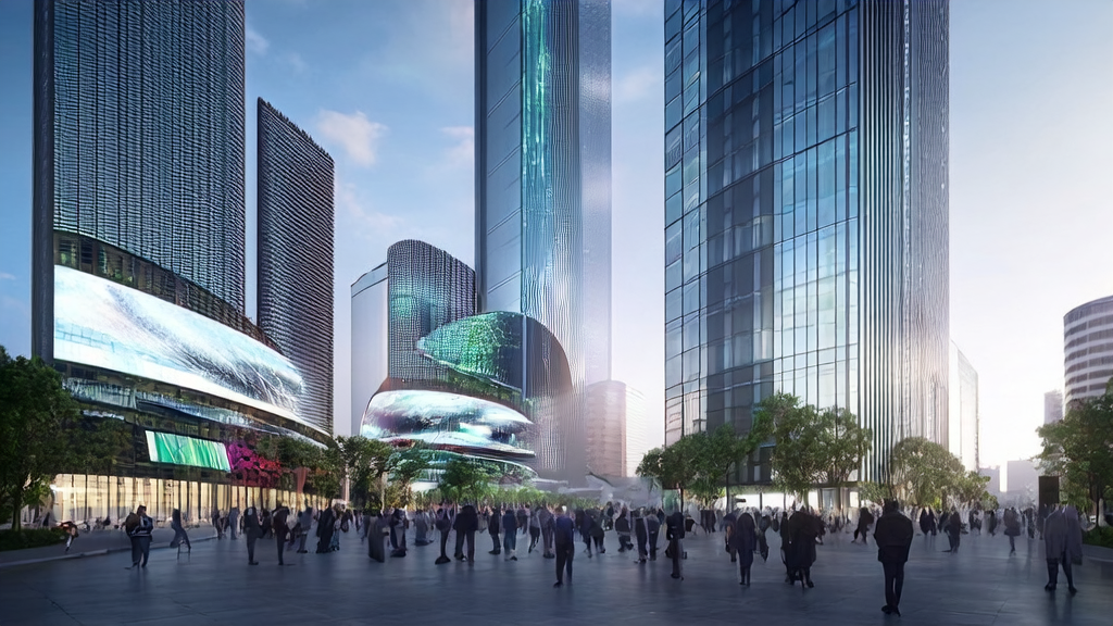 Scene of AI advertising in a futuristic city, showcasing high-tech and smart interactions