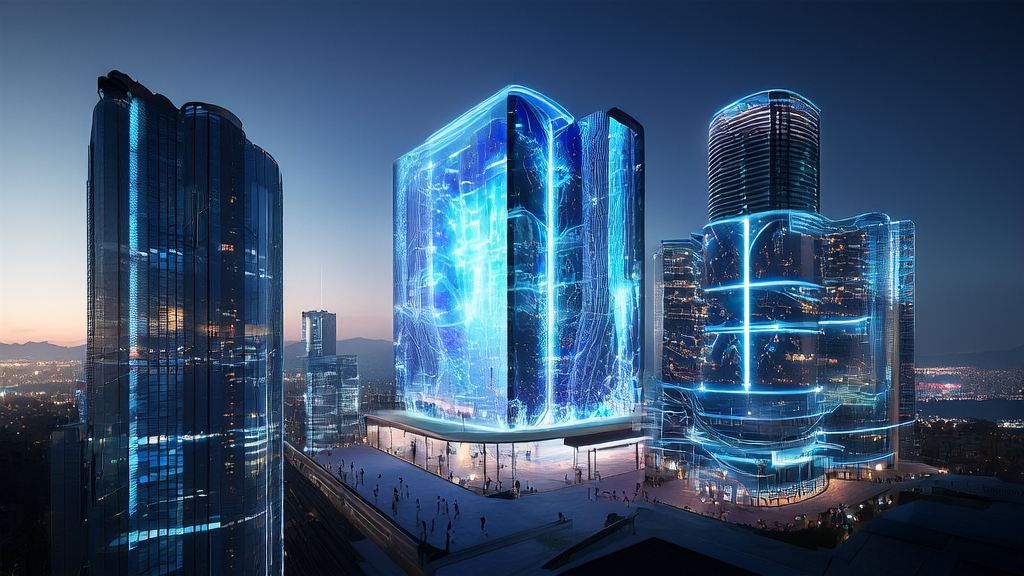 A futuristic city scene showcasing AI advertising, with a robot demonstrating precise ad targeting and technicians monitoring ad performance in real-time.