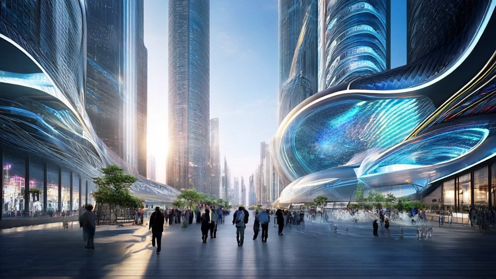 AI-powered advertising tower in a futuristic city, adjusting ads based on pedestrian data