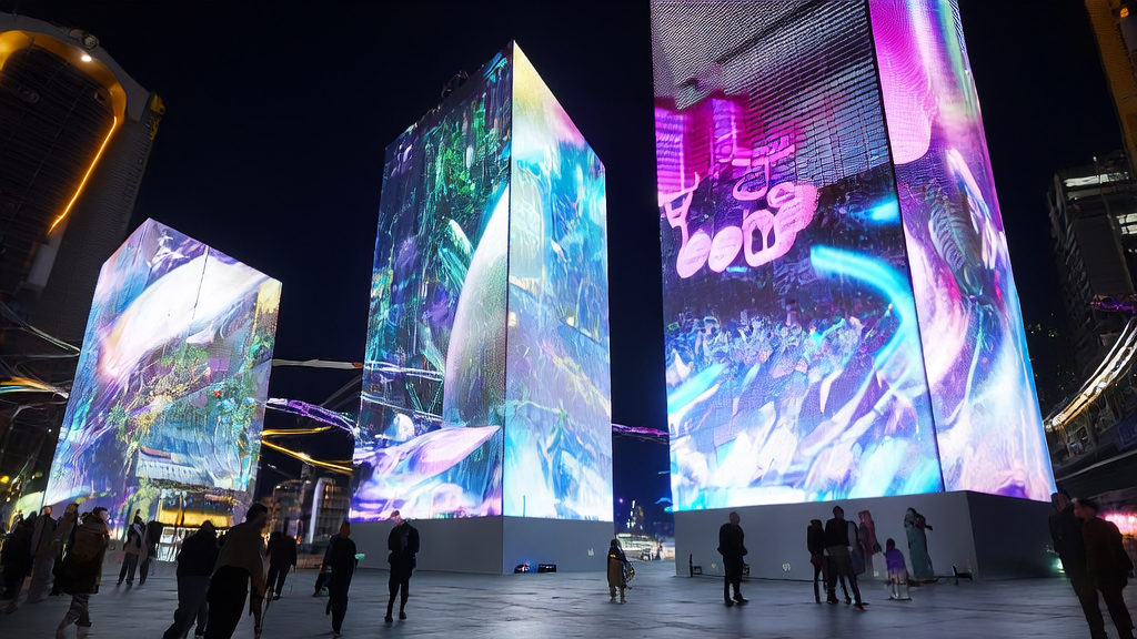 未来城市的高科技广告牌展示个性化广告