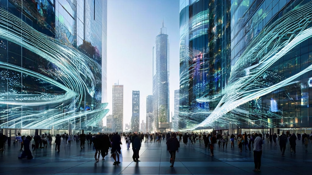 A futuristic city scene showcasing how AI technology achieves precise ad targeting and cost optimization.