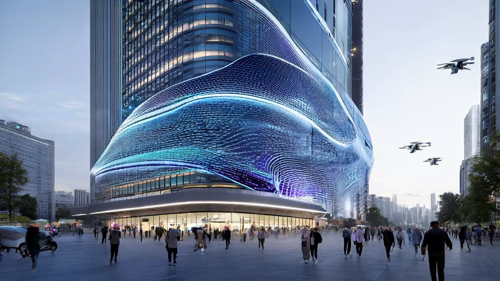 未来城市的AI智能广告屏展示精准广告内容，无人机实时优化投放策略