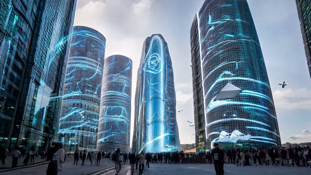 In a futuristic city, AI assistants analyze user data to adjust ad content in real-time, while robot couriers deliver product samples among the crowd.