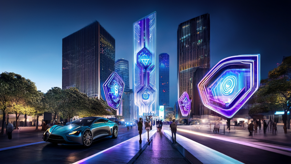 A night scene in a future city with skyscrapers displaying the Manus logo, featuring smart robots and autonomous vehicles showcasing AI's role in advertising in 2025.