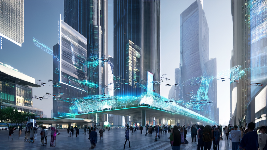 未来城市中的AI广告投放场景，展示智能机器人、数字屏幕和无人机编队，突显2025年AI技术的应用。