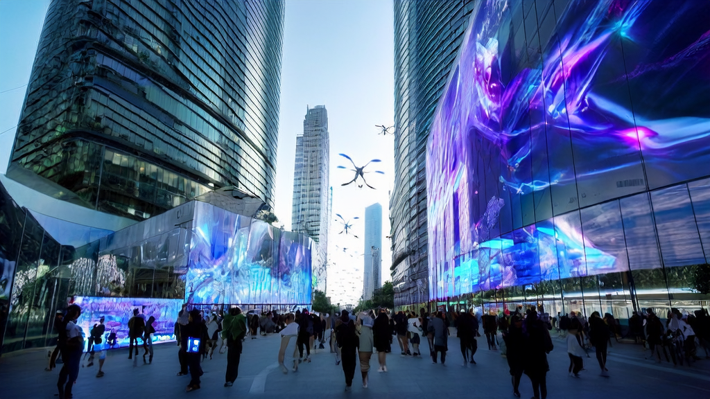 Scene of AI advertising in a future city, showcasing the integration of AI technology in daily life by 2025