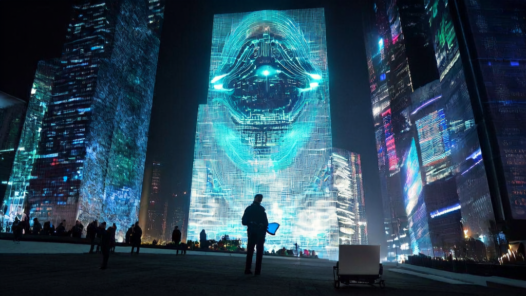 A scene in a future city where AI-driven ads are precisely targeted while hackers pose a threat