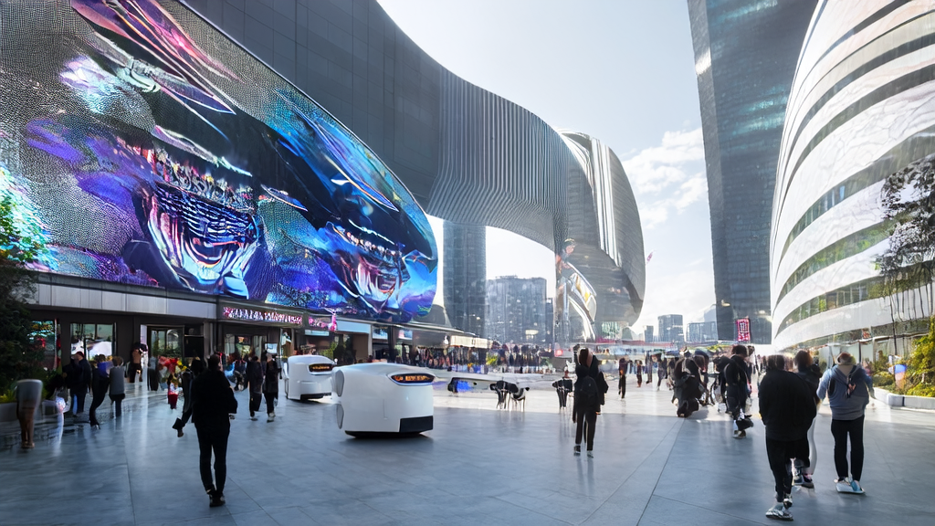 未来城市中AI优化广告投放与现代汽车MobED机器人的互动场景