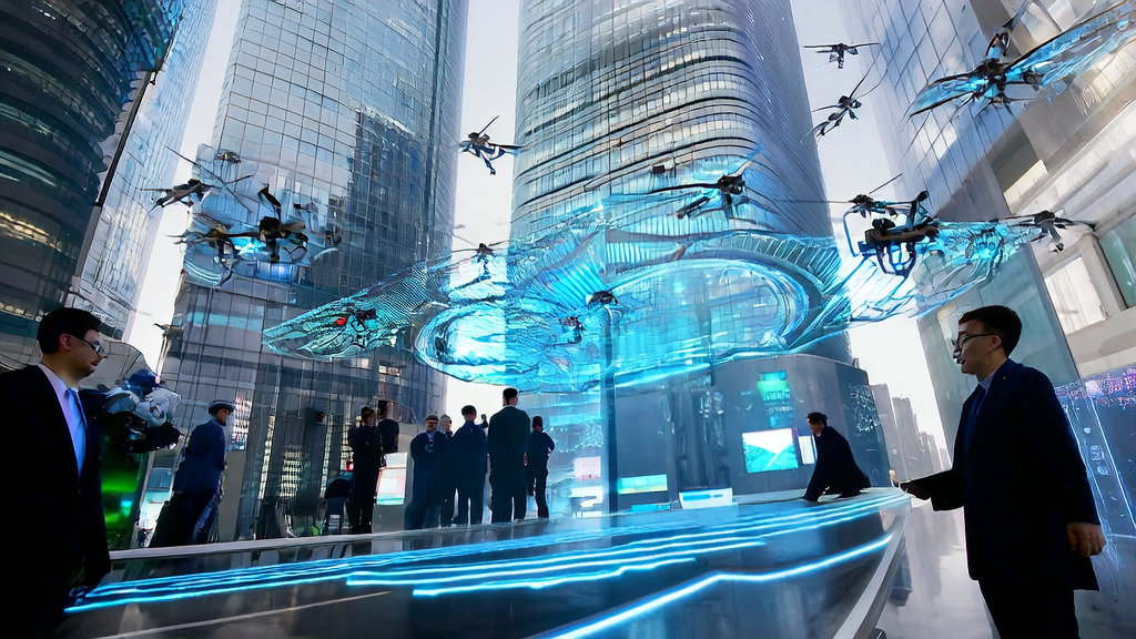 Future city showcasing AI advertising and real-time translation technology